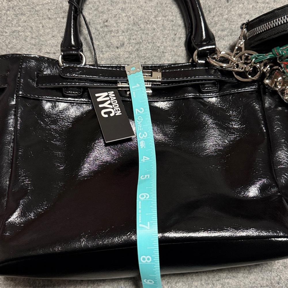 Black Leather Tote with Red Pom Charm